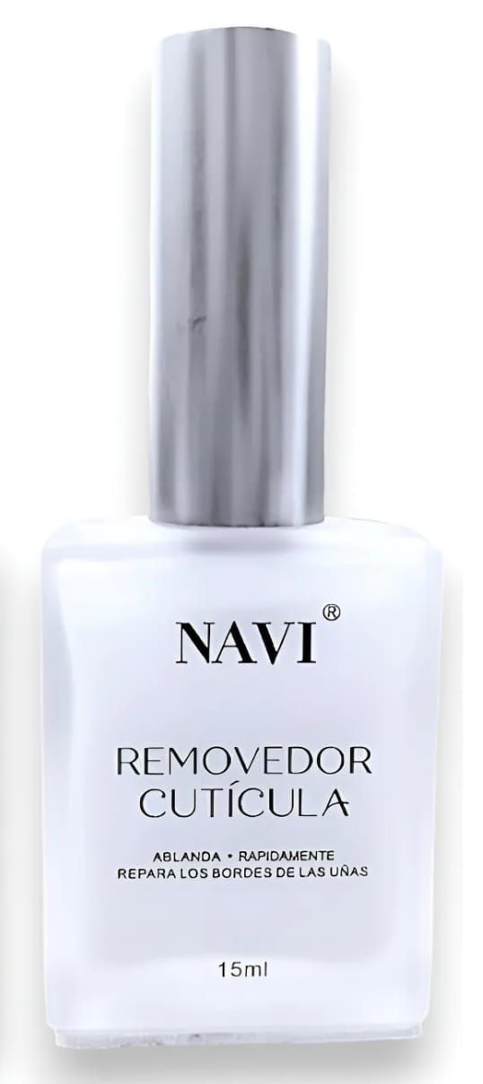 Frasco blanco de removedor de cutículas NAVI con tapa plateada sobre fondo blanco.