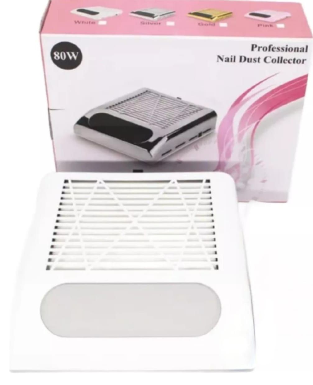 Máquina recolectora de polvo de uñas blanca con rejilla de ventilación, mostrada frente a la caja rosa del producto etiquetada como 80W Professional Nail Dust Collector.