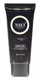 Tubo de gel acrílico transparente NAVI negro con texto blanco sobre fondo blanco
