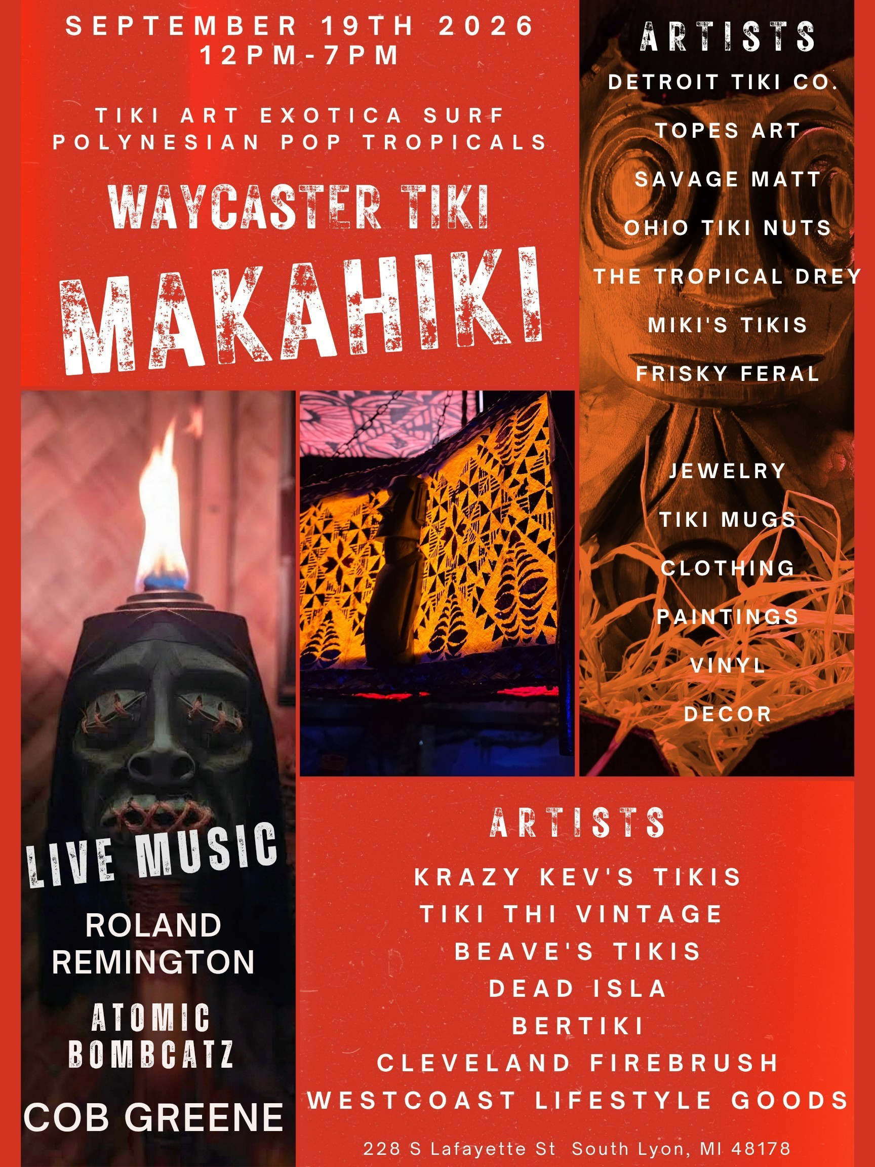 Waycest Tik! Makahiki festival poster with tiki masks, red-orange artwork, and event details
