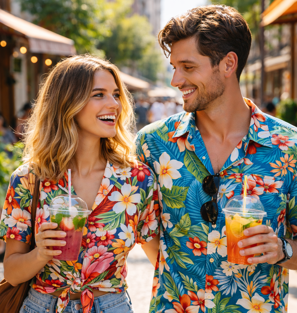 Two people in colorful floral shirts smiling and holding drinks on a sunny street