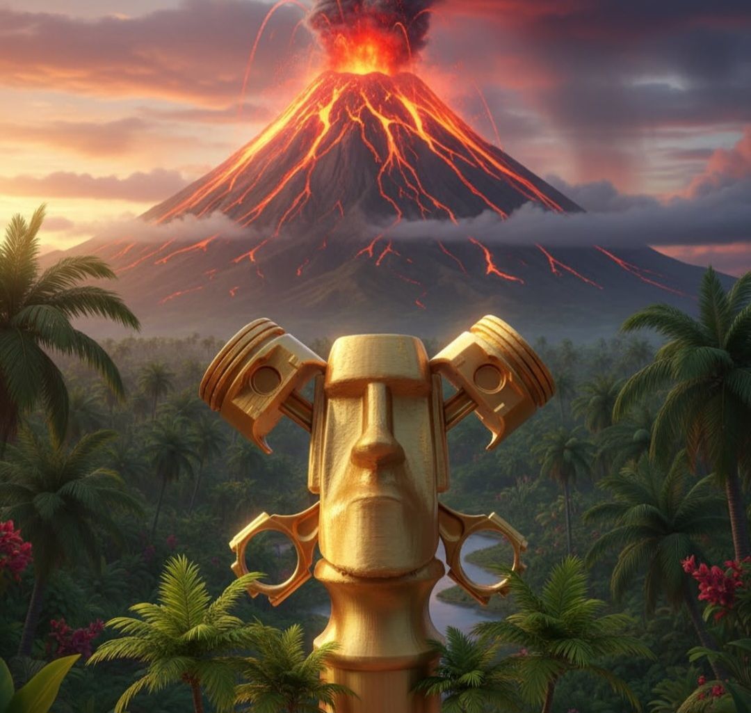Golden piston sculpture with volcano backdrop, lush green jungle. Erupting volcano at sunset.