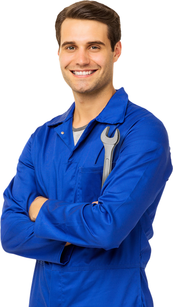 A man in a blue jumpsuit is holding a wrench in his pocket.