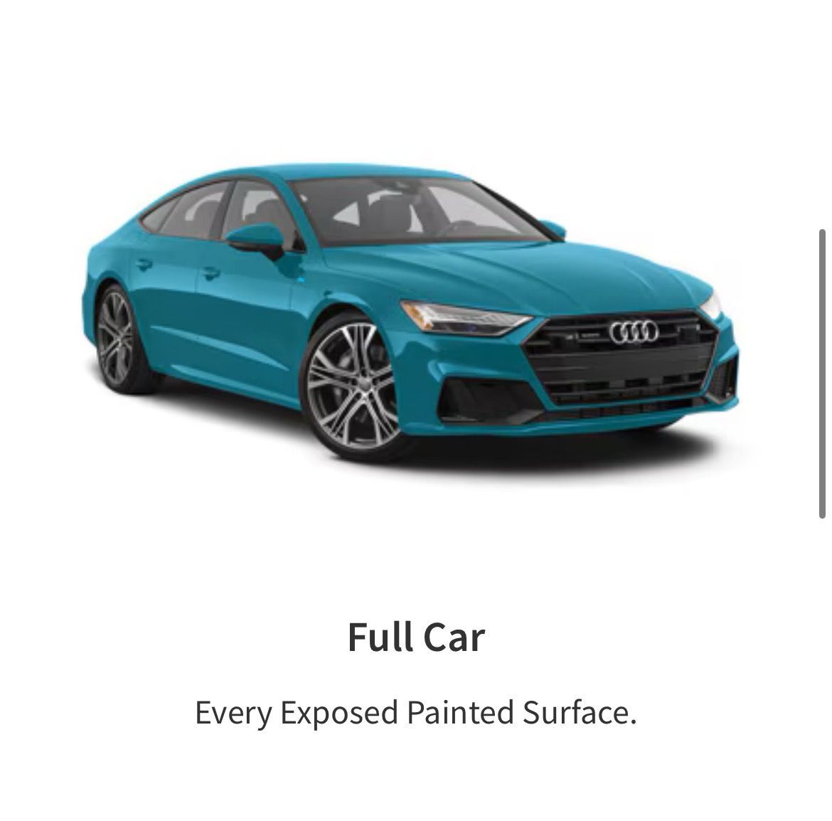 A teal Audi sedan shown from a front-side angle with the caption