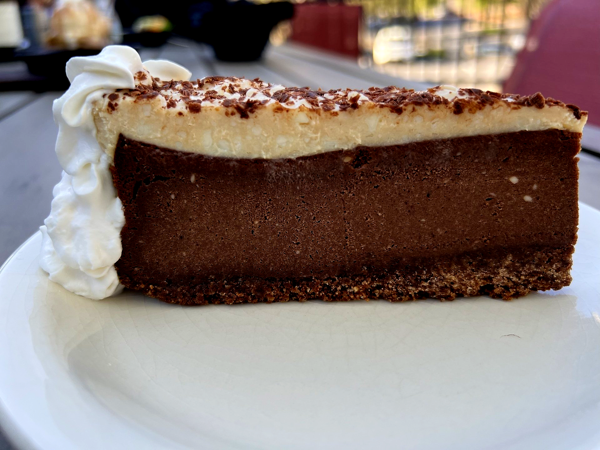 Slice of chocolate cake with whipped cream, on a white plate.