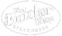 Logo for The Butcher Shop Steakhouse. White text in oval frame.