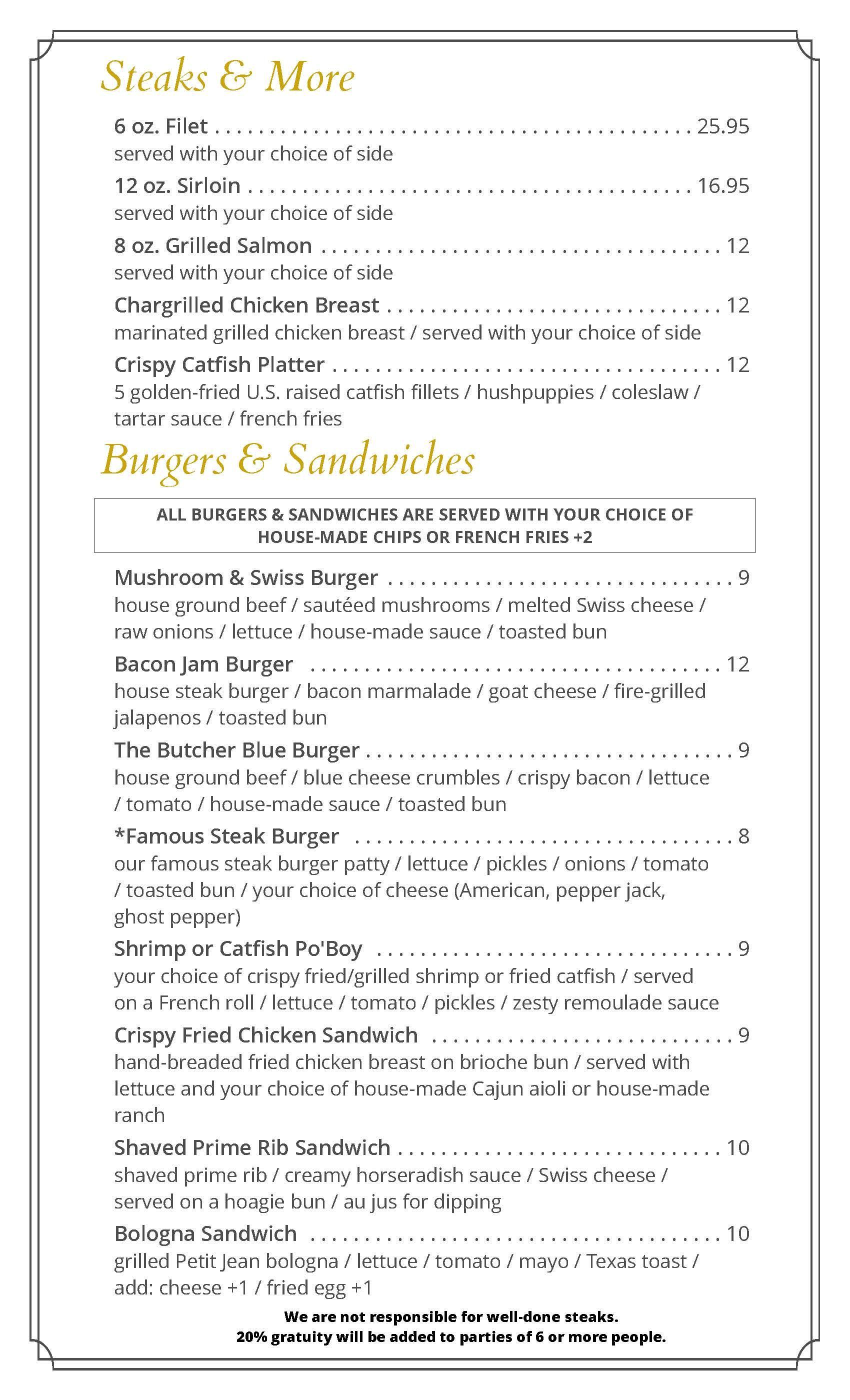 Menu for The Butcher Shop Steakhouse in Little Rock, AR. Lists daily plate lunch options, sides, and desserts.