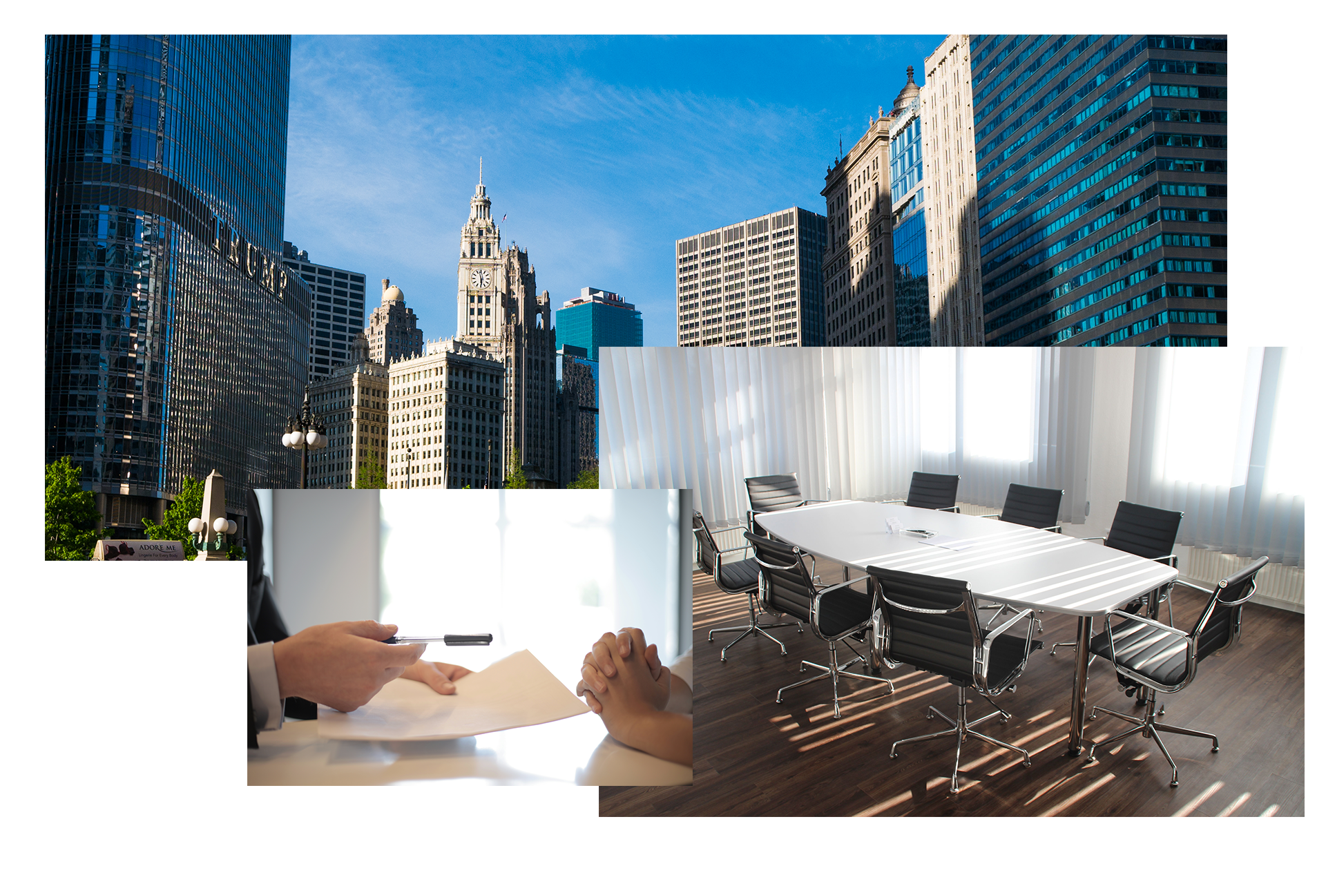 A collage of pictures of a city , a conference room , and a table.