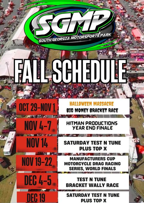 2026 racing event schedule with months listed. The SGMP logo is visible.