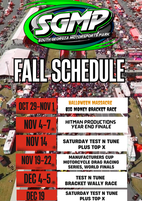 2026 racing event schedule with months listed. The SGMP logo is visible.