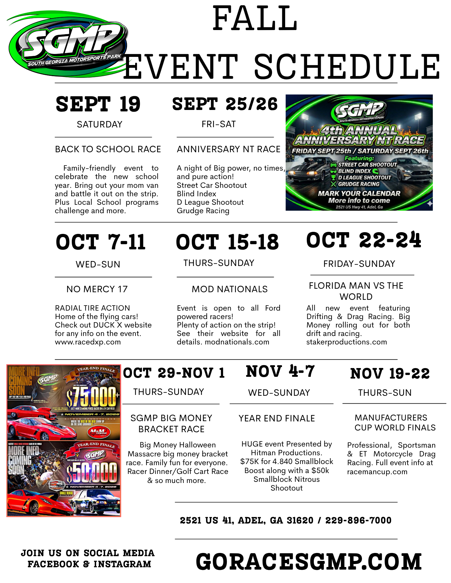 2026 racing event schedule with months listed. The SGMP logo is visible.