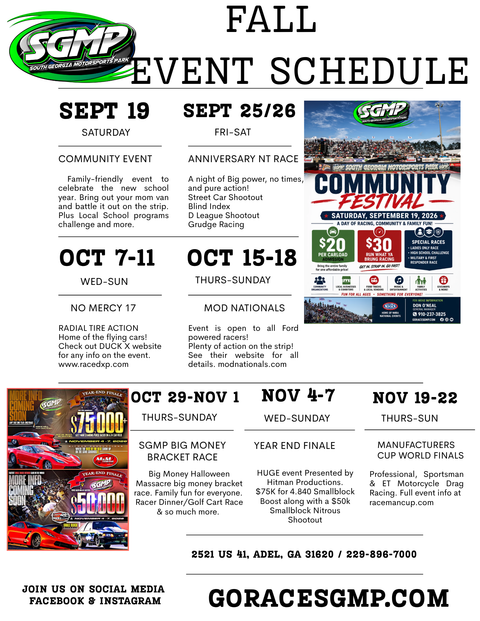 2026 racing event schedule with months listed. The SGMP logo is visible.