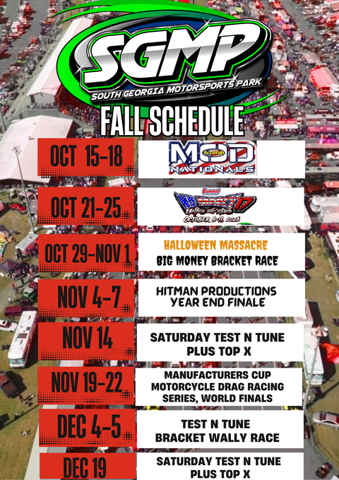 2026 racing event schedule with months listed. The SGMP logo is visible.
