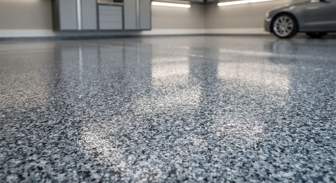 Close low-angle view of a professionally finished epoxy garage floor