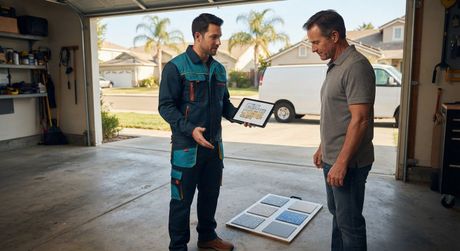 Homeowner discussing an epoxy flooring estimate with a contractor in Citrus Heights