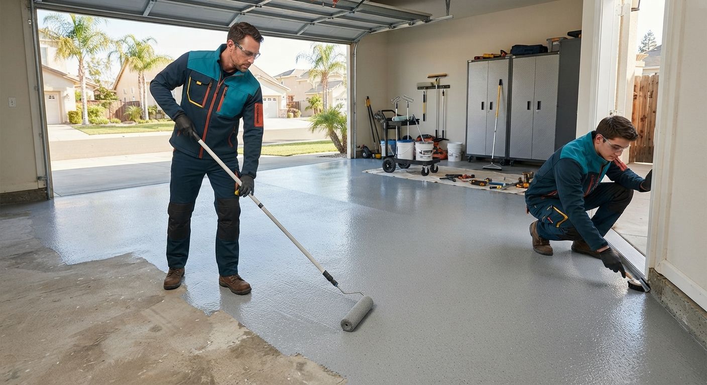 Technicians applying decorative garage flooring coating at a Citrus Heights home