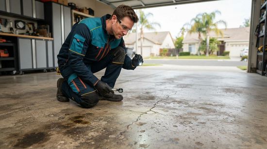 Epoxy flooring technician inspecting cracked, stained, and worn concrete flooring in Citrus Heights