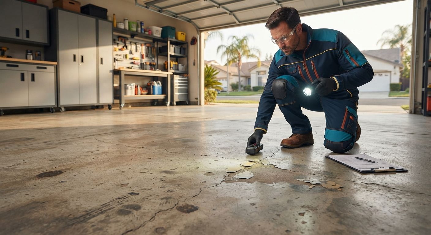 Technician inspecting a cracked, stained, and worn garage floor in Citrus Heights