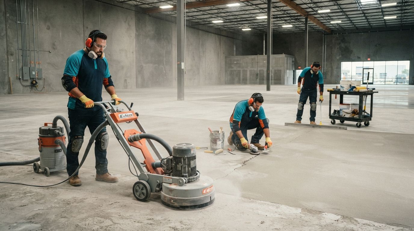 Professional garage epoxy flooring team preparing a concrete floor in Citrus Heights