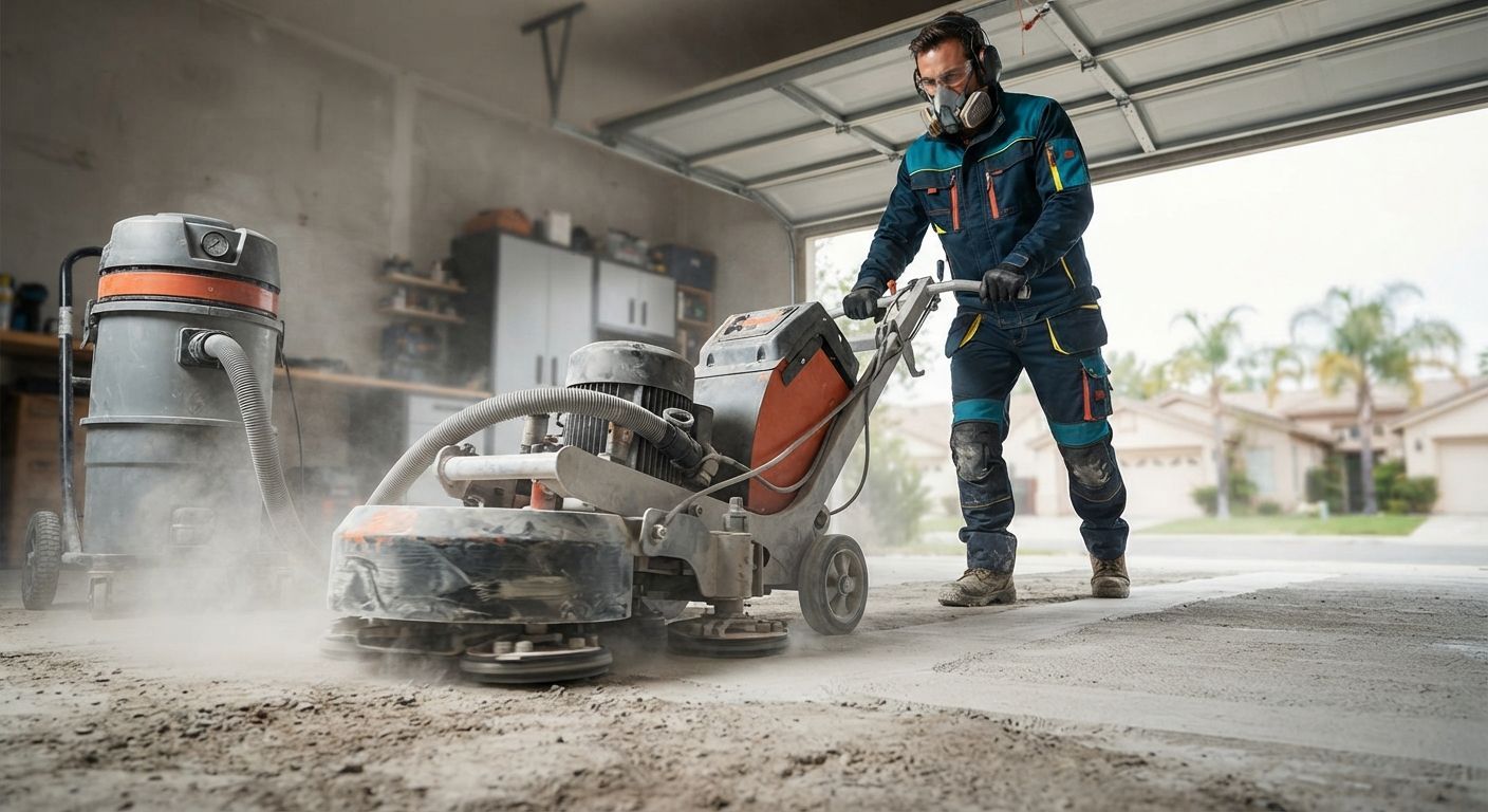Professional technician grinding concrete before applying a garage floor coating