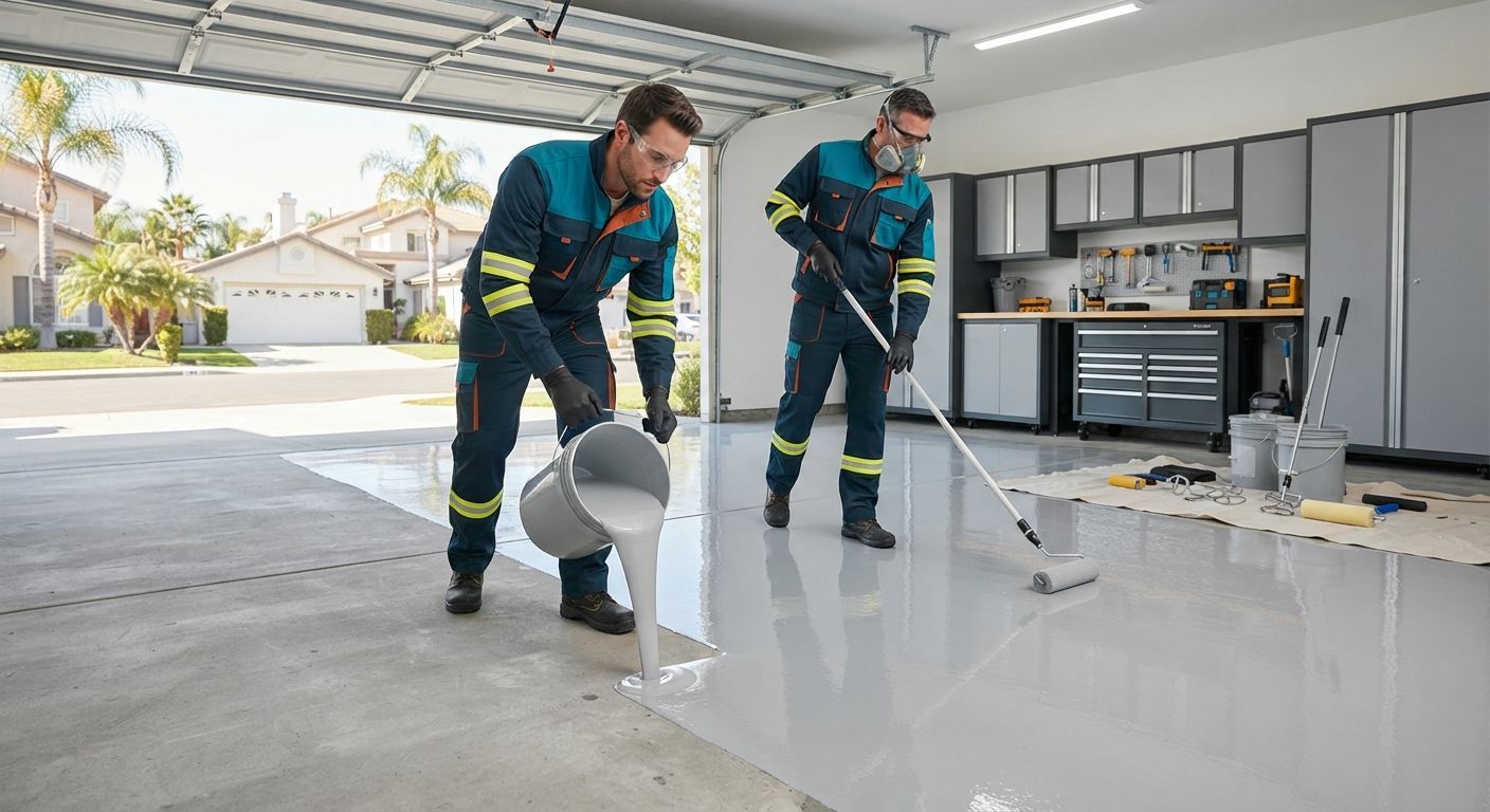 Professional technicians applying a base coat to a residential garage floor