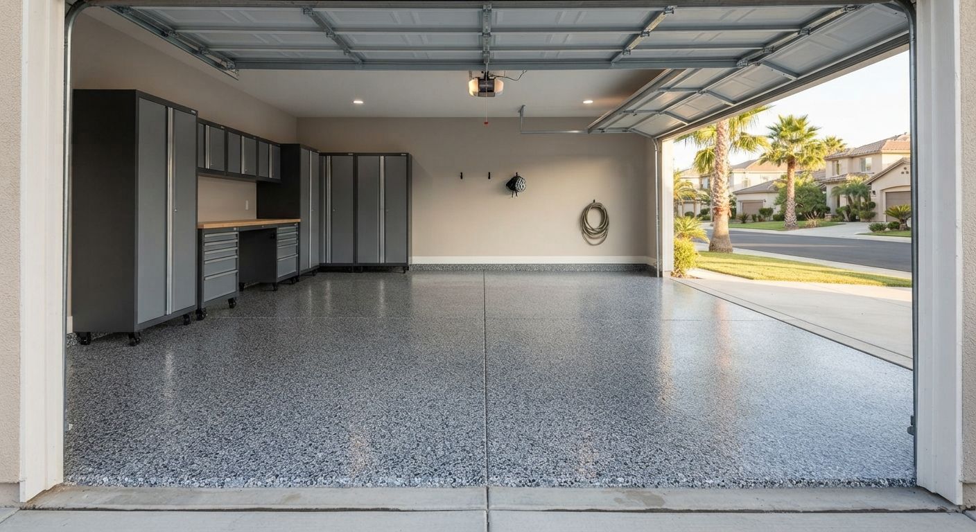 Finished decorative garage floor coating in a Citrus Heights two-car garage