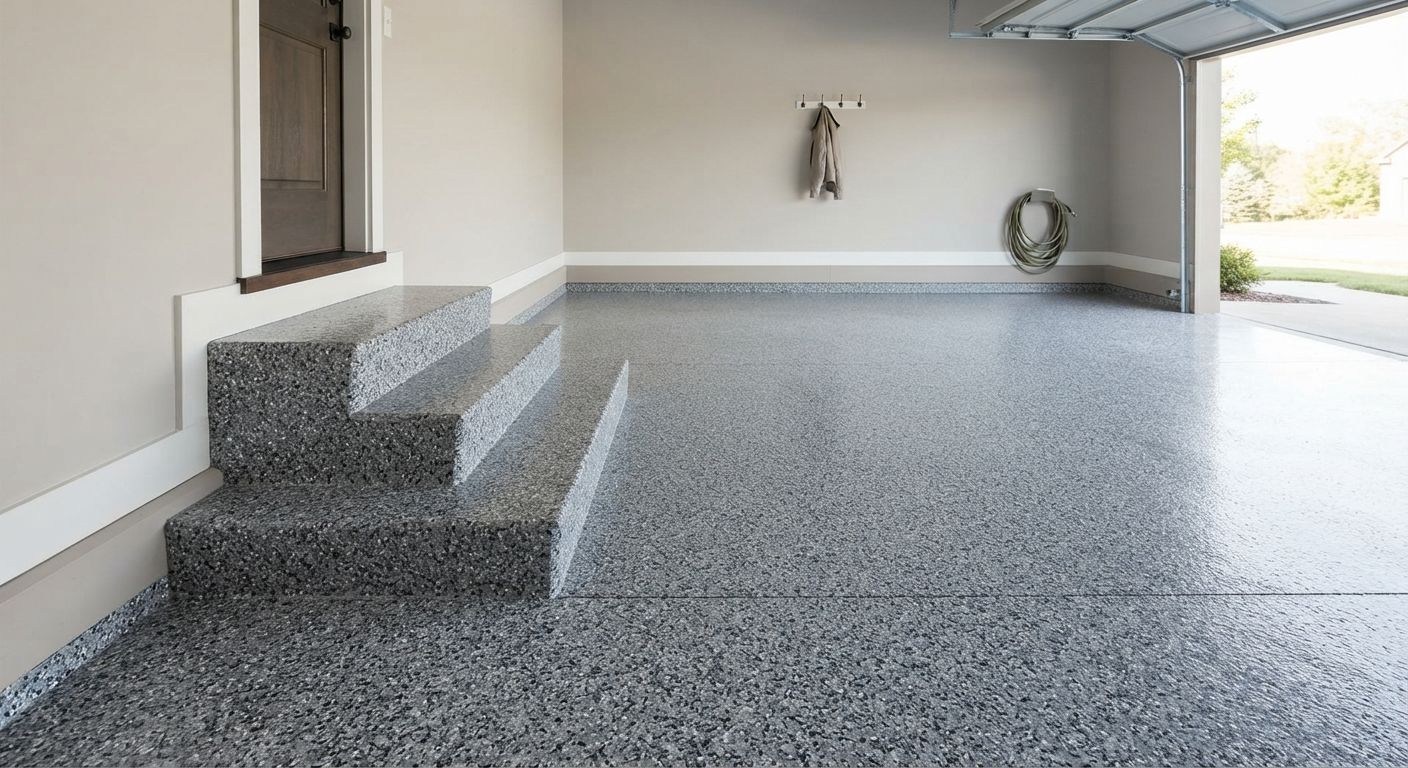 Finished garage floor coating with clean edges around steps and corners