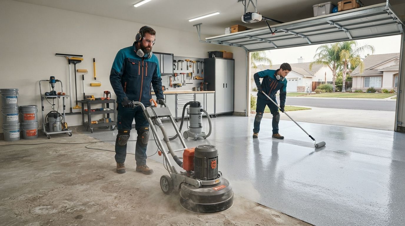Professional epoxy flooring team completing careful floor preparation and coating installation