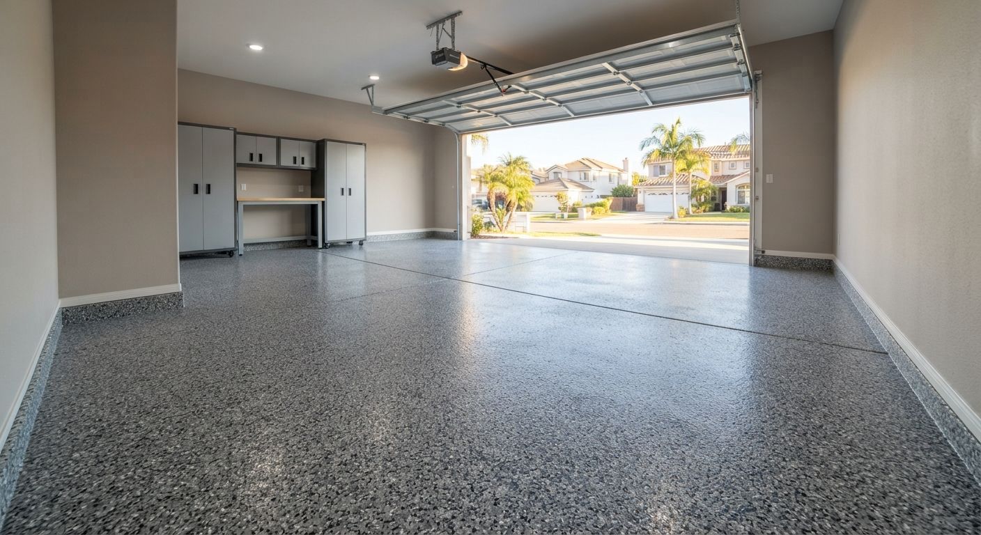 Completed garage floor coating with consistent decorative flake coverage