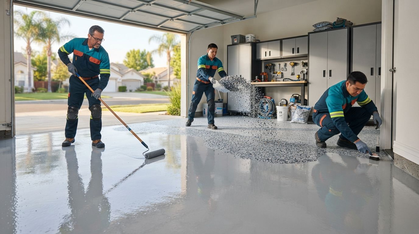 Experienced epoxy flooring team applying a garage floor coating in Citrus Heights CA