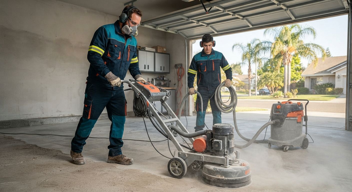 Epoxy flooring technicians following safety-focused practices during concrete floor preparation