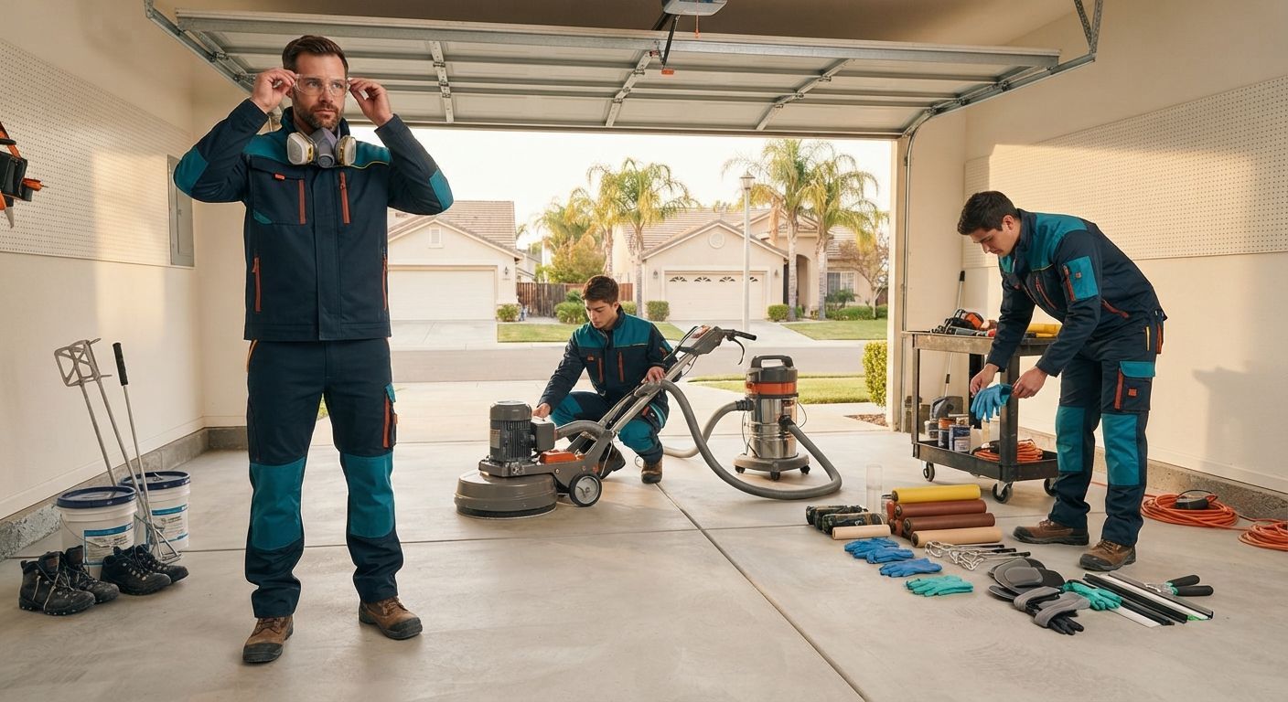 Professional flooring team preparing safety gear and equipment before epoxy installation