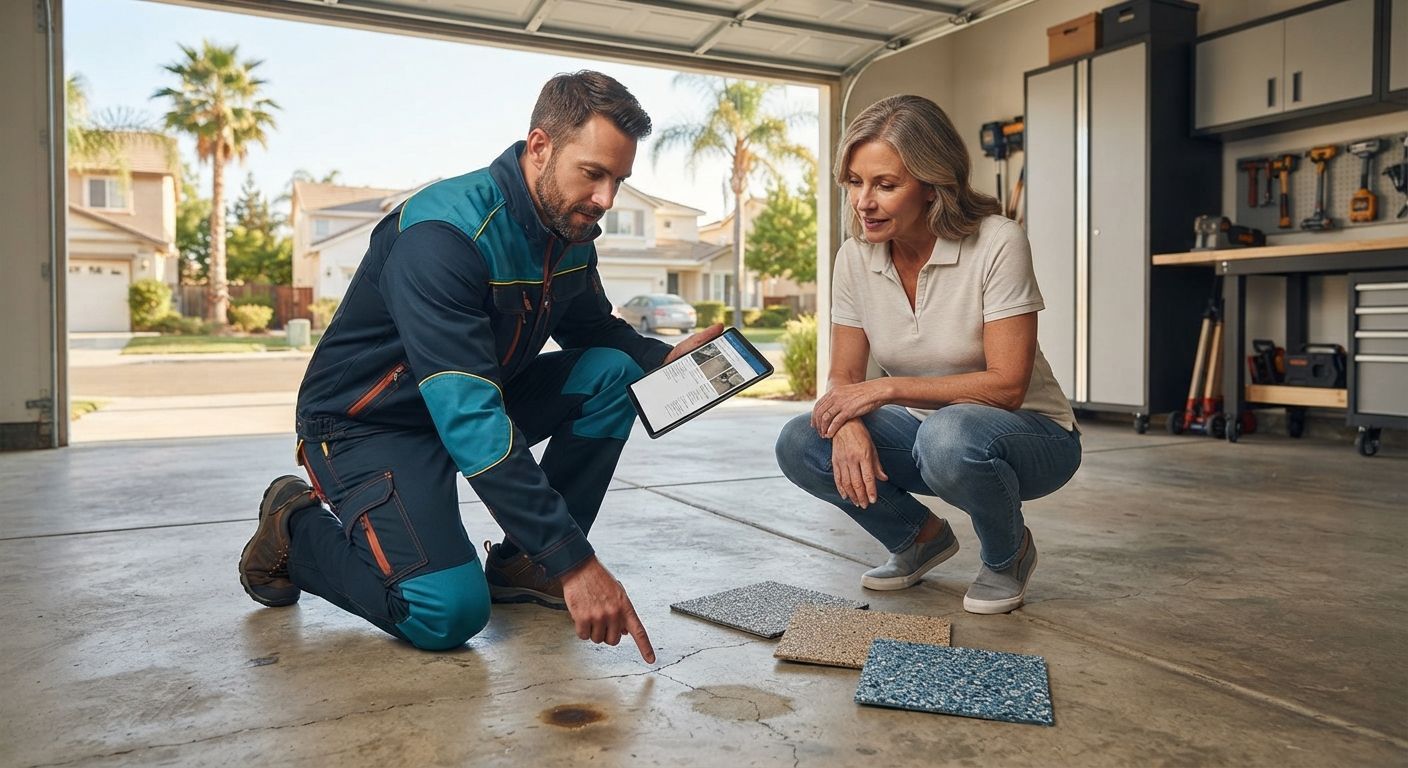 Epoxy flooring contractor reviewing a garage floor assessment with a Citrus Heights homeowner