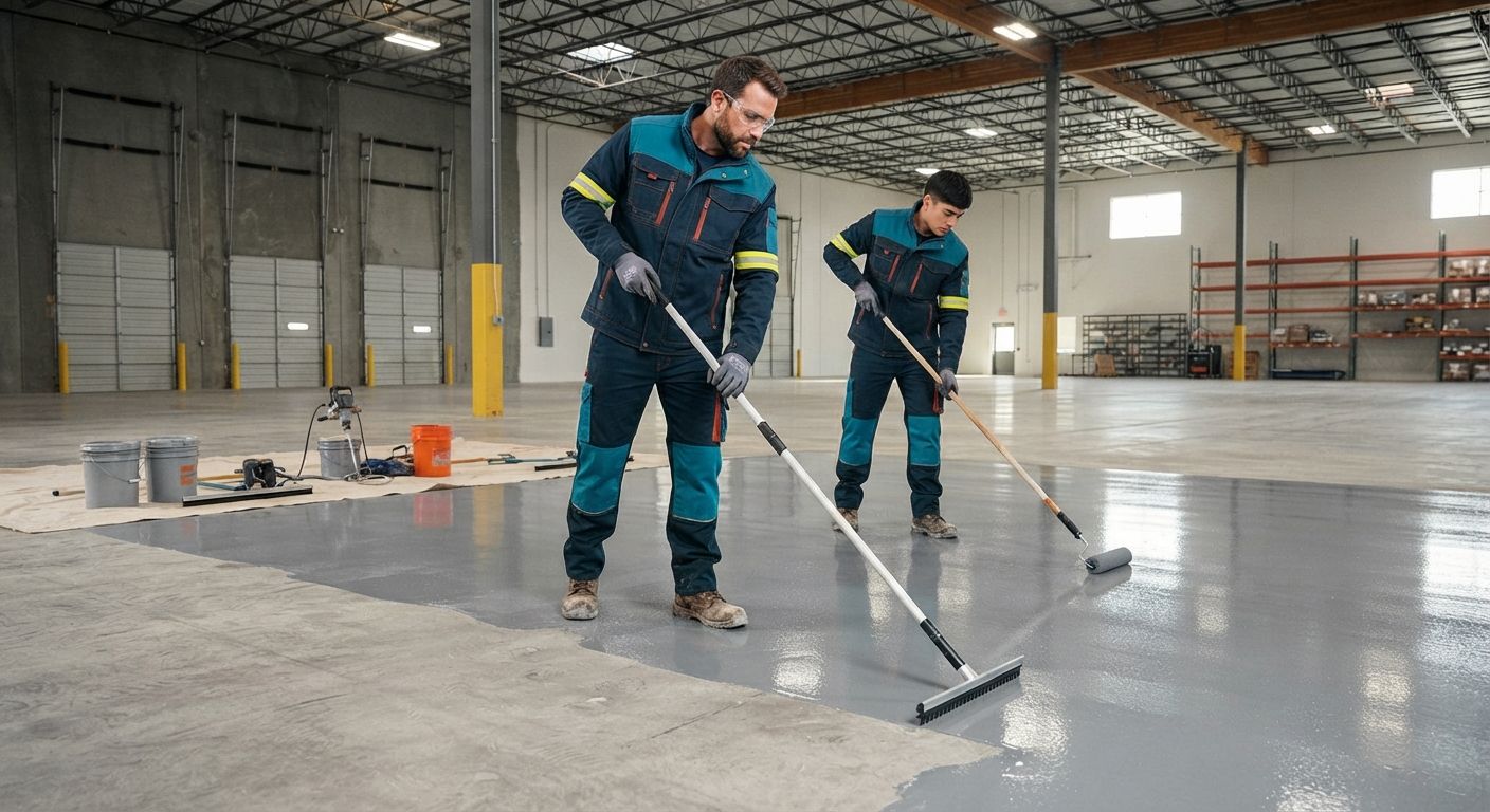 Professional technicians applying commercial epoxy flooring in a Citrus Heights warehouse