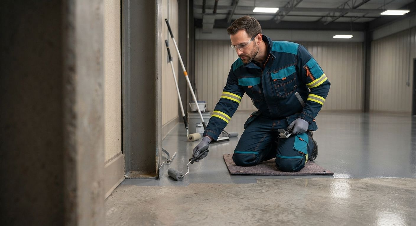 Technician applying commercial epoxy coating around structural columns and floor edges