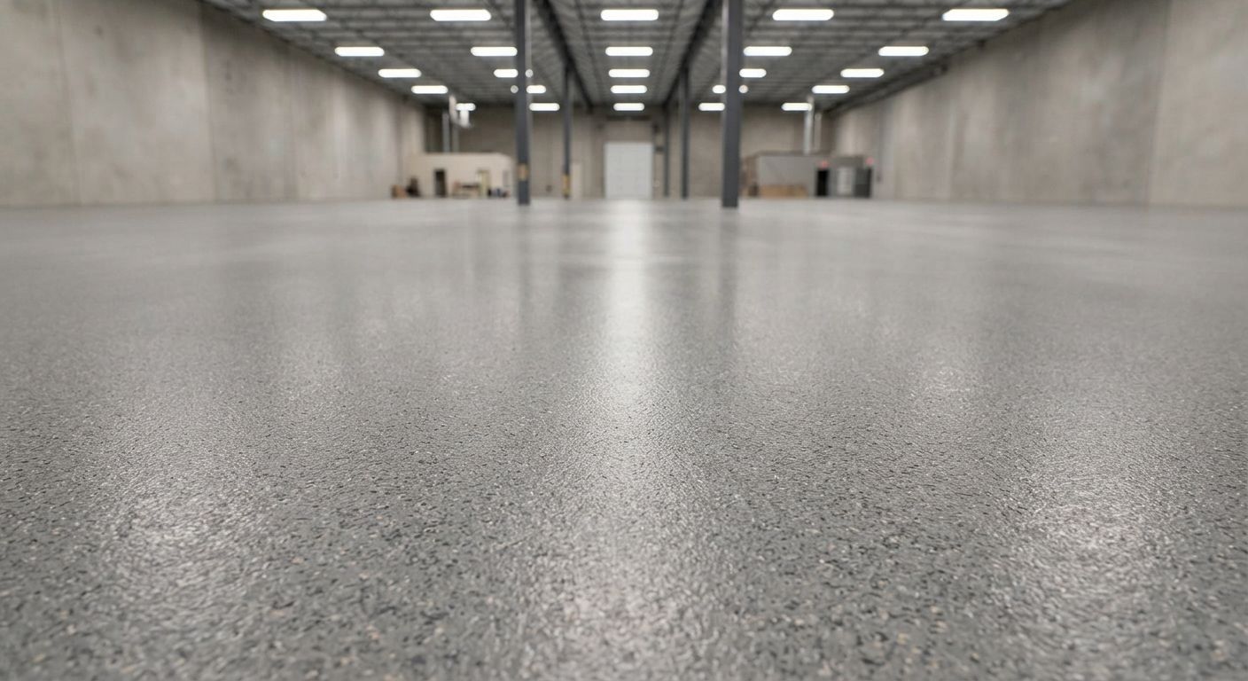 Close floor-level view of professionally finished commercial epoxy flooring