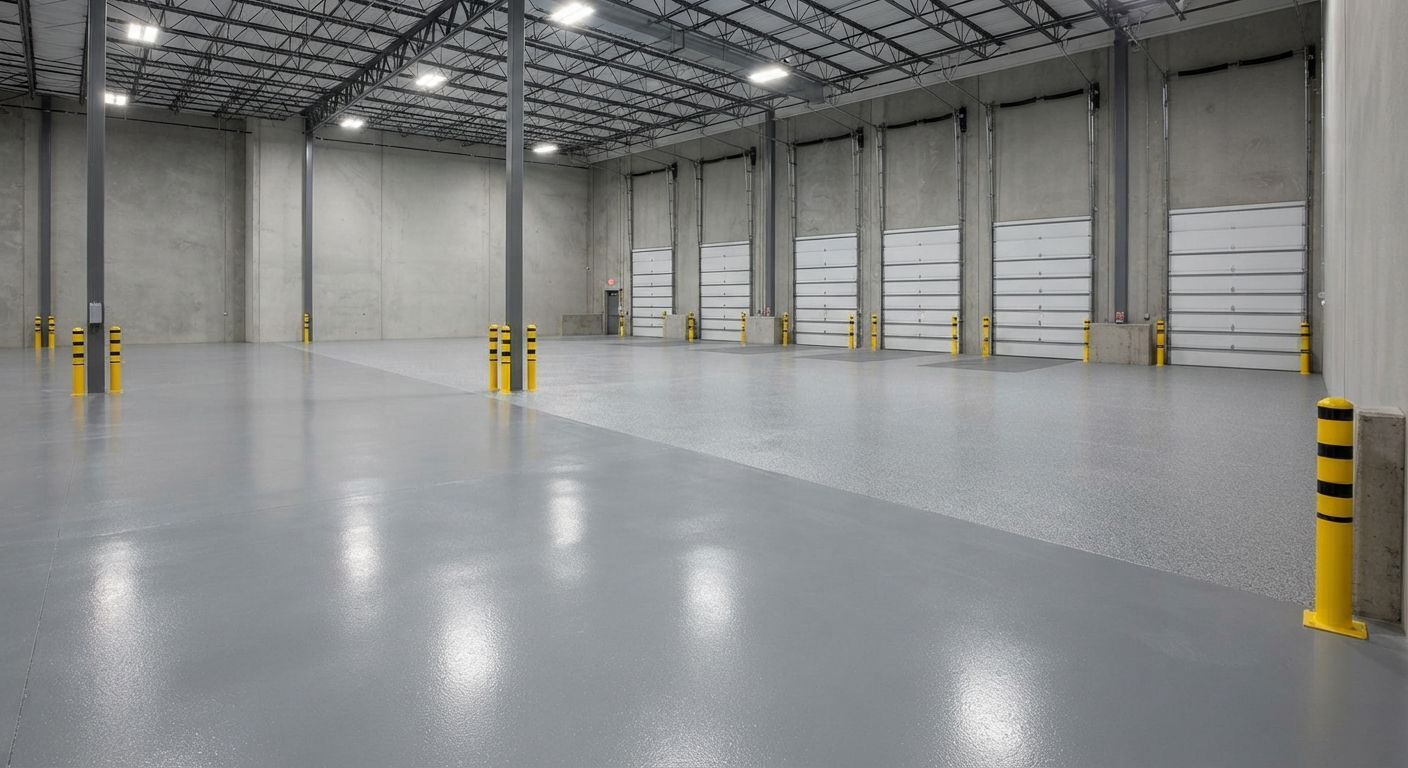 Completed commercial epoxy flooring in a warehouse loading area