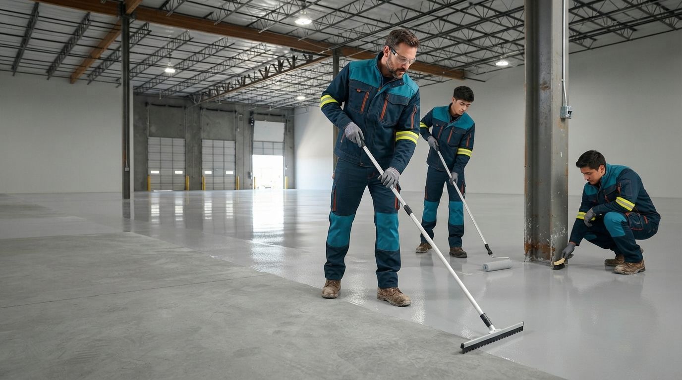 Commercial epoxy flooring technicians installing a professional floor coating in Citrus Heights