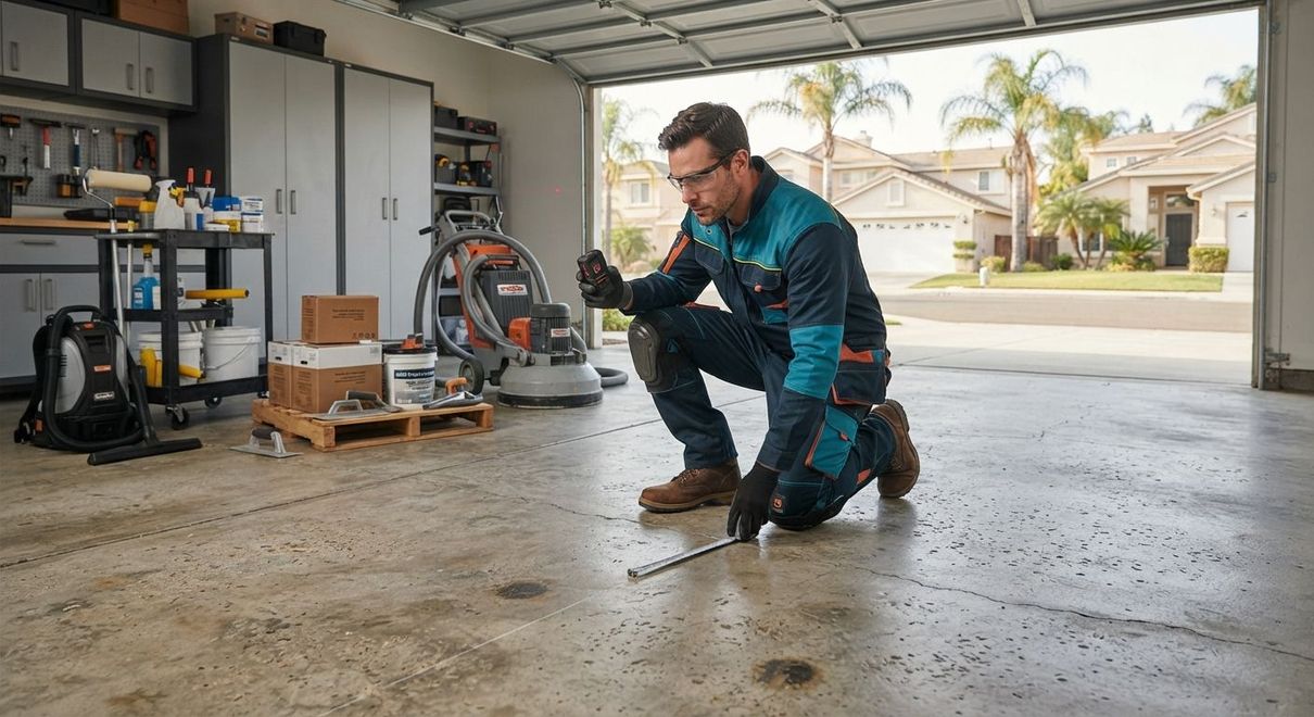 Epoxy flooring technician measuring and inspecting a garage floor before installation