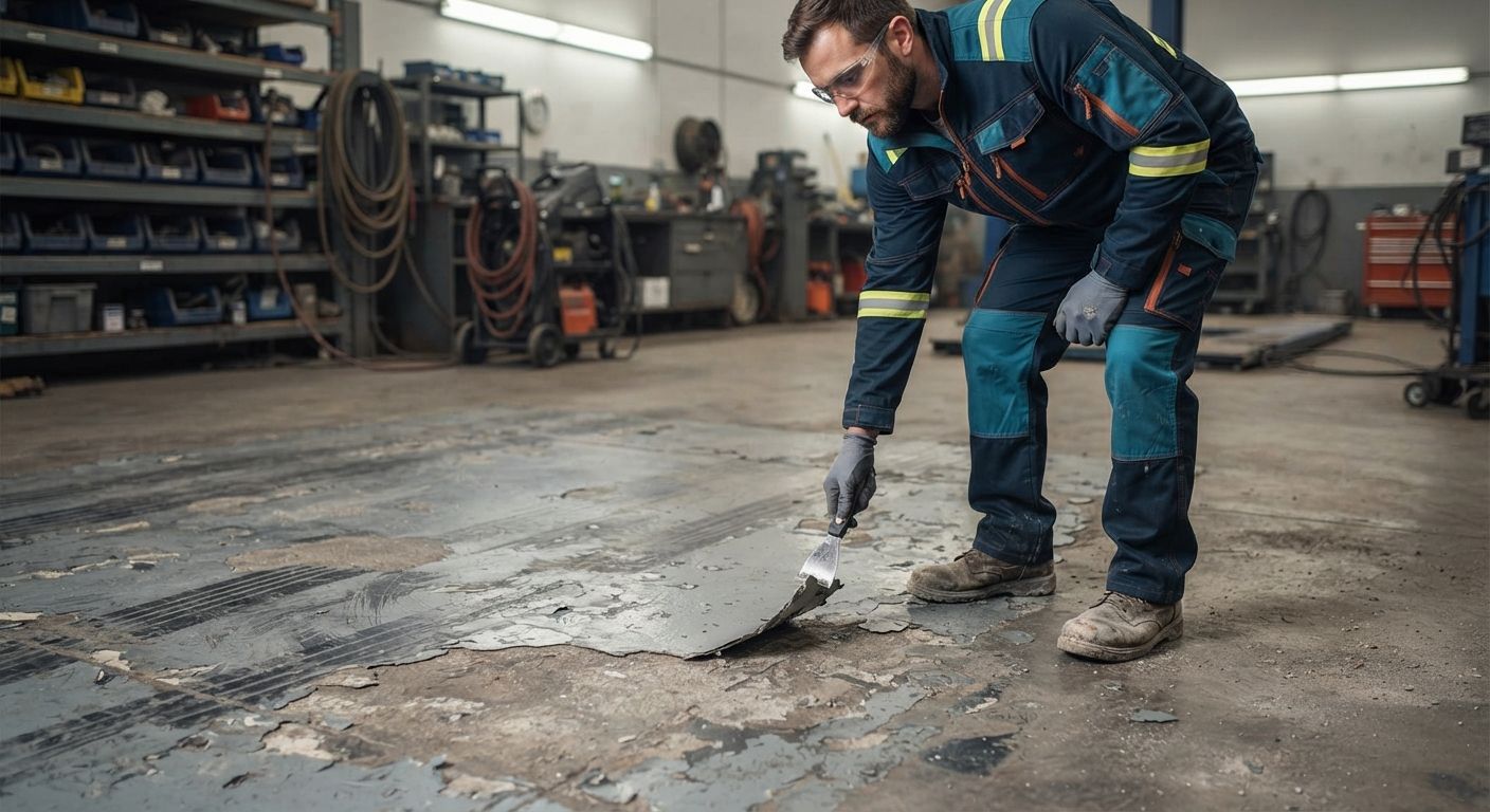 Failing commercial floor coating with peeling, scratches, and exposed concrete
