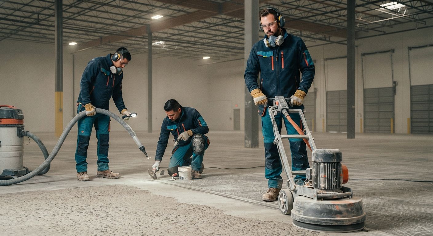 Experienced commercial epoxy flooring team preparing concrete with professional equipment