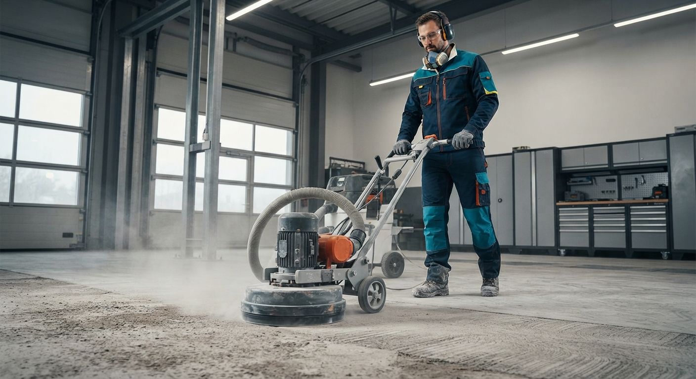 Professional technician grinding concrete before polyaspartic floor coating installation