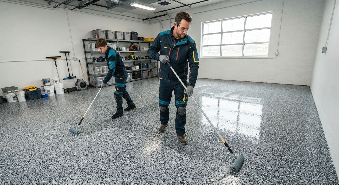 Technicians applying a protective polyaspartic topcoat in a commercial workspace