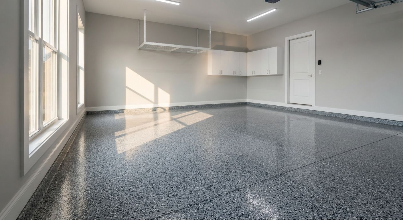 Finished residential polyaspartic floor coating illuminated by natural side light