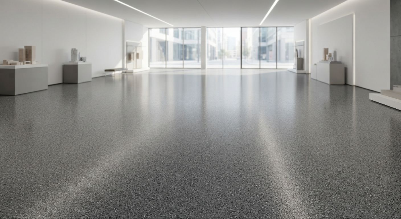 Finished polyaspartic flooring across a modern commercial showroom