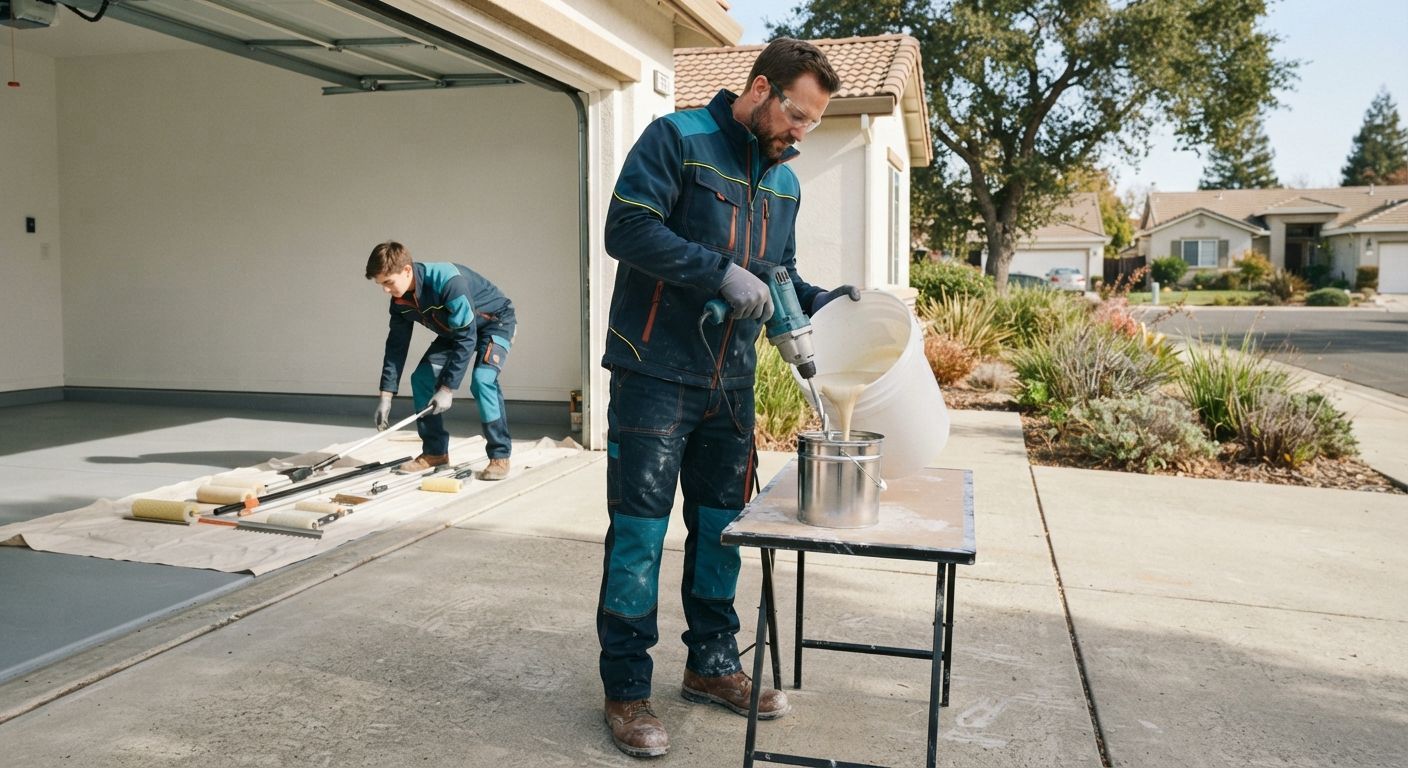 Professional flooring technician preparing polyaspartic coating for installation
