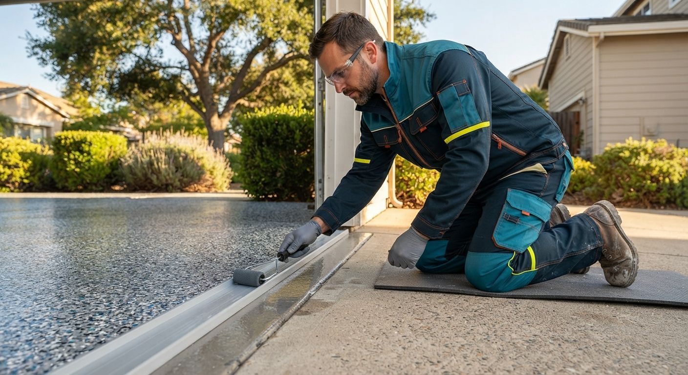 Technician applying polyaspartic coating along a residential garage threshold
