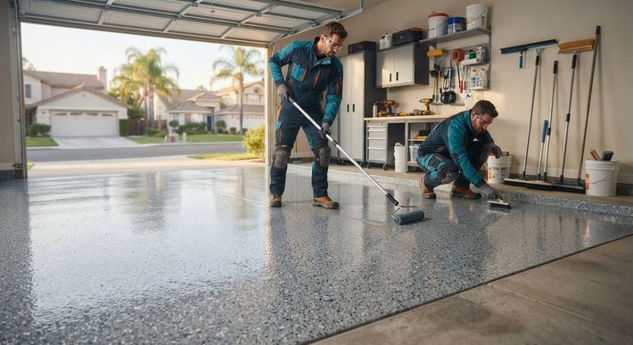Experienced floor coating professionals installing epoxy flooring in a Citrus Heights garage