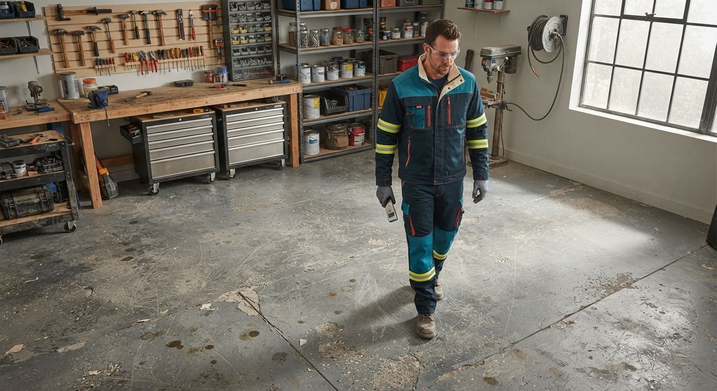 Aging and worn workshop floor being evaluated for a new polyaspartic coating
