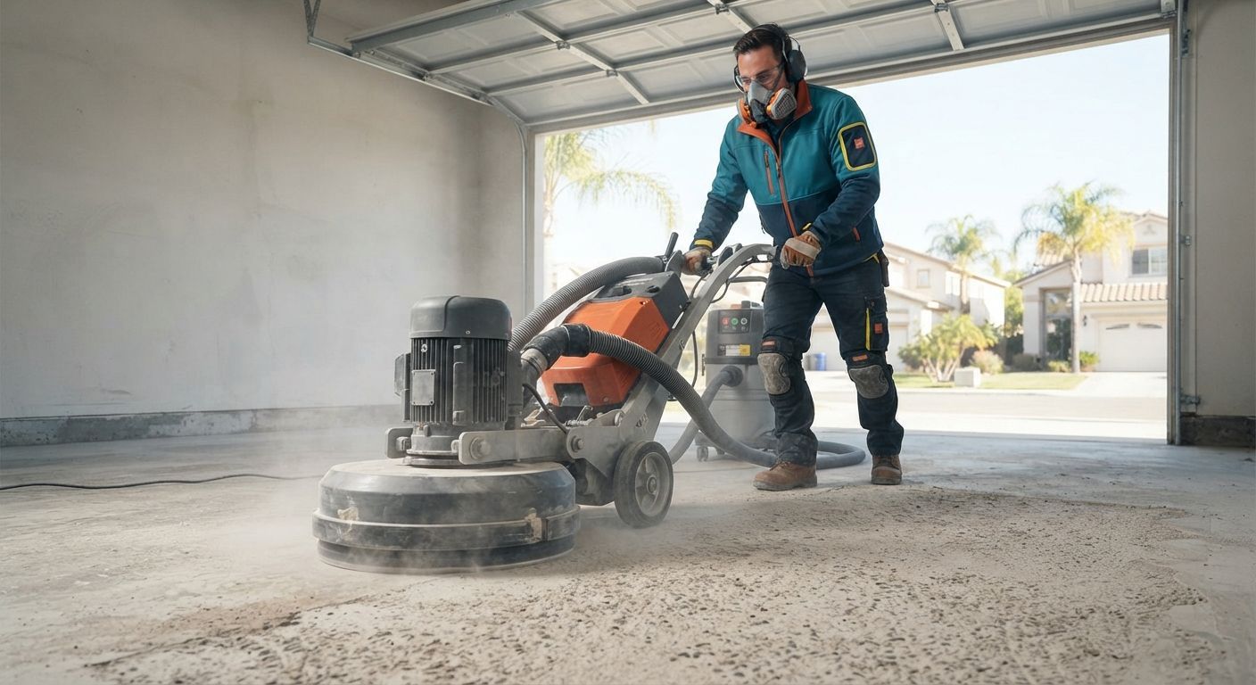 Floor coating technician grinding concrete before epoxy flooring installation